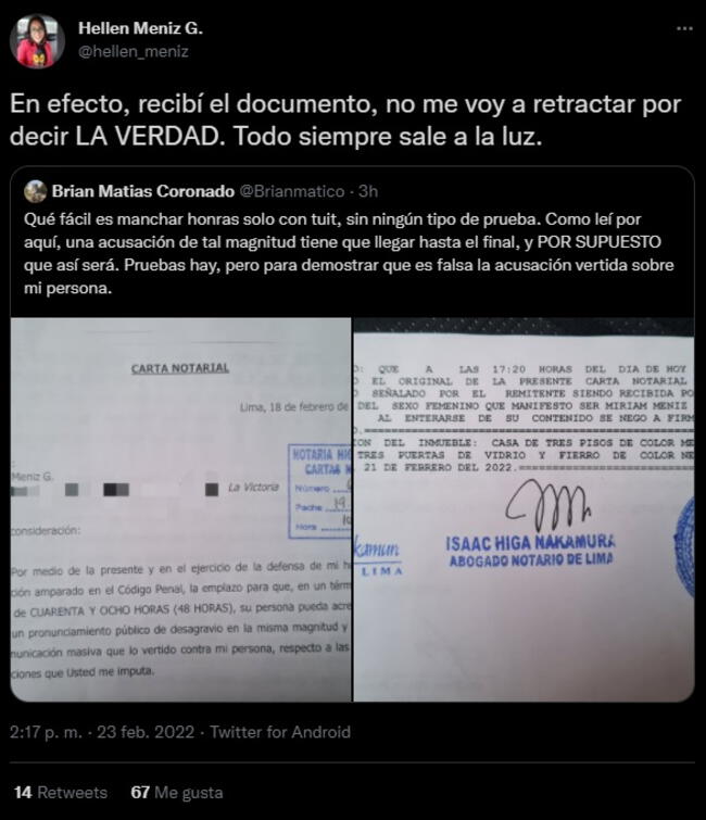 Hellen Meniz confirma recepción de carta notarial.   