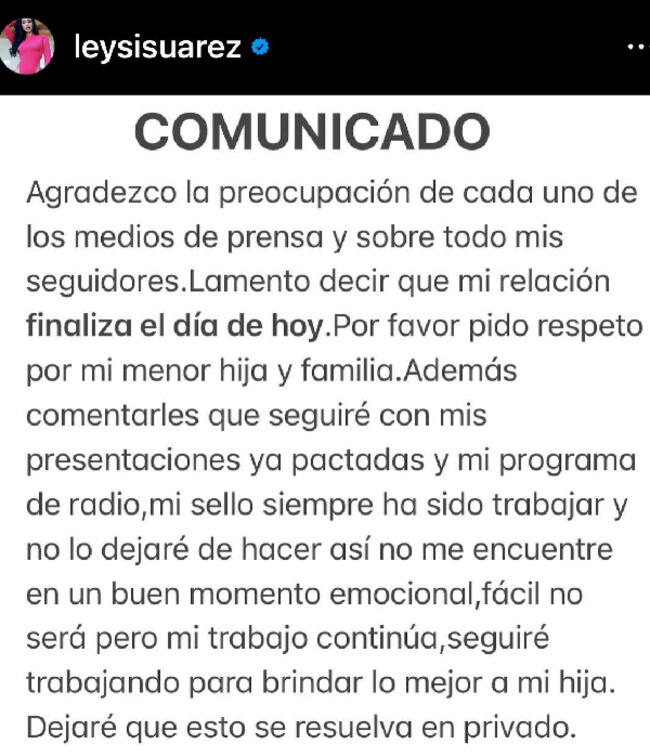  Leysi Suárez emitió comunicado anunciando el fin de su relación con Jaime La Torre.    
