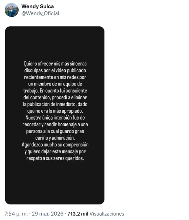Wendy Sulca eliminó el video que compartió en su cuenta de X.  