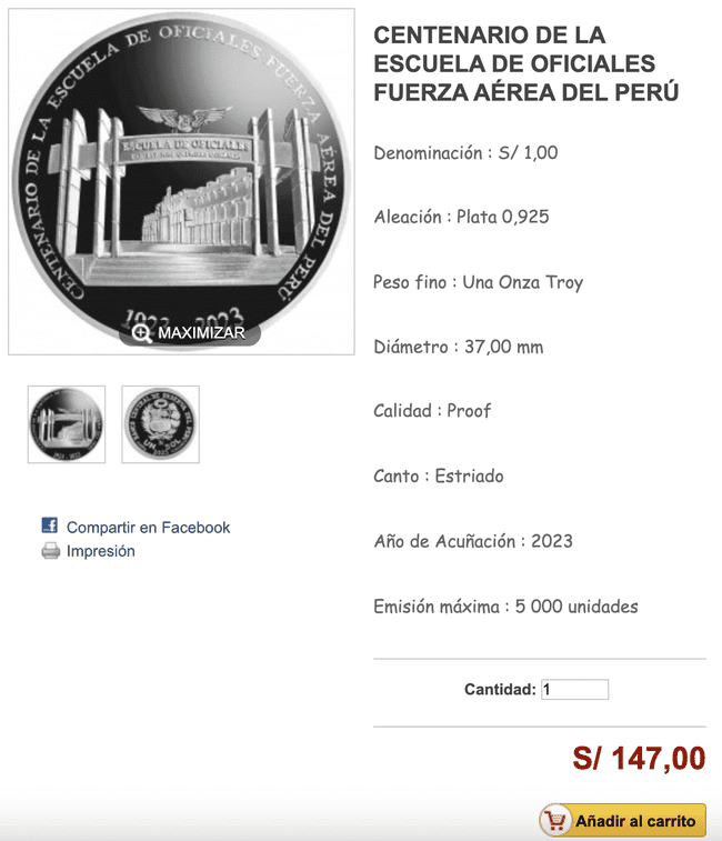 Así luce la moneda del Centenario de la Escuela de Oficiales de la Fuerza Aérea del Perú.   