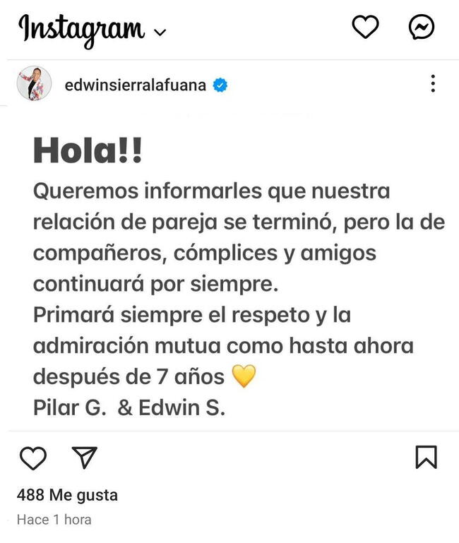  Edwin Sierra finalizó romance con Pilar Gasca. Foto: Instagram    