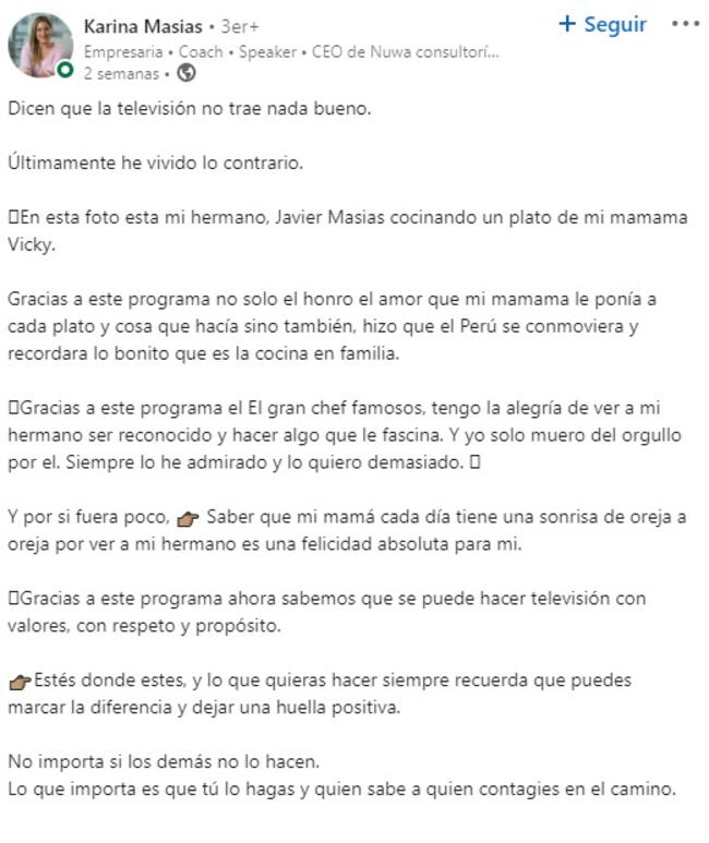 Mensaje de Karina Masías, hermana de Javier, en su cuenta de LinkedIn.   