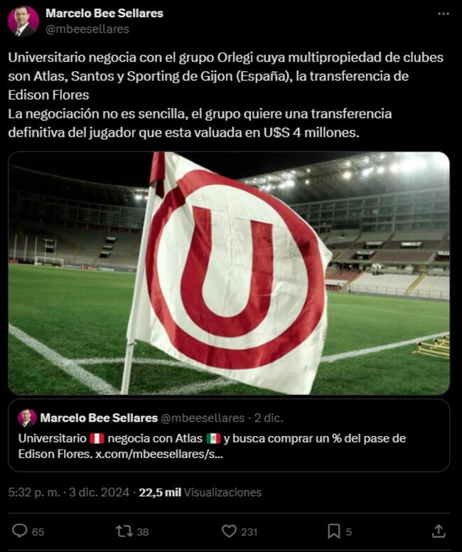 Edison Flores: 4 millones de dólares tendría que pagar Universitario.   