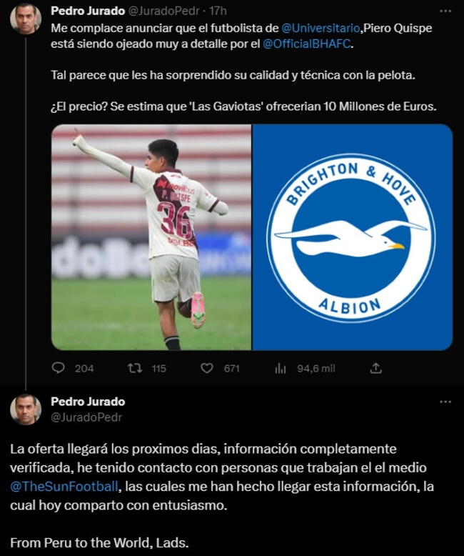 Supuesta oferta de Brighton por Piero Quispe. La información es falsa.   