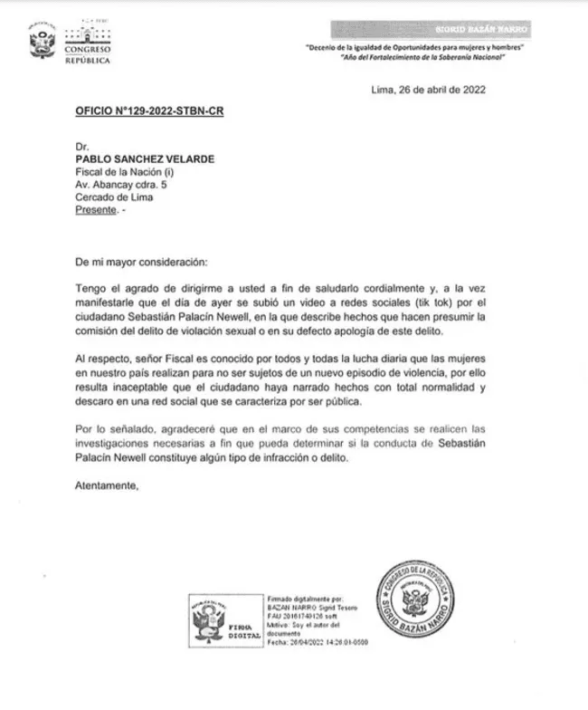 Carta de Sigrid Bazán al fiscal Pablo Sánchez.   