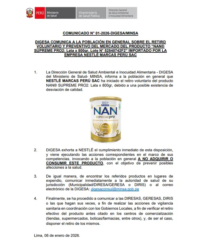 Comunicado oficial de Digesa   