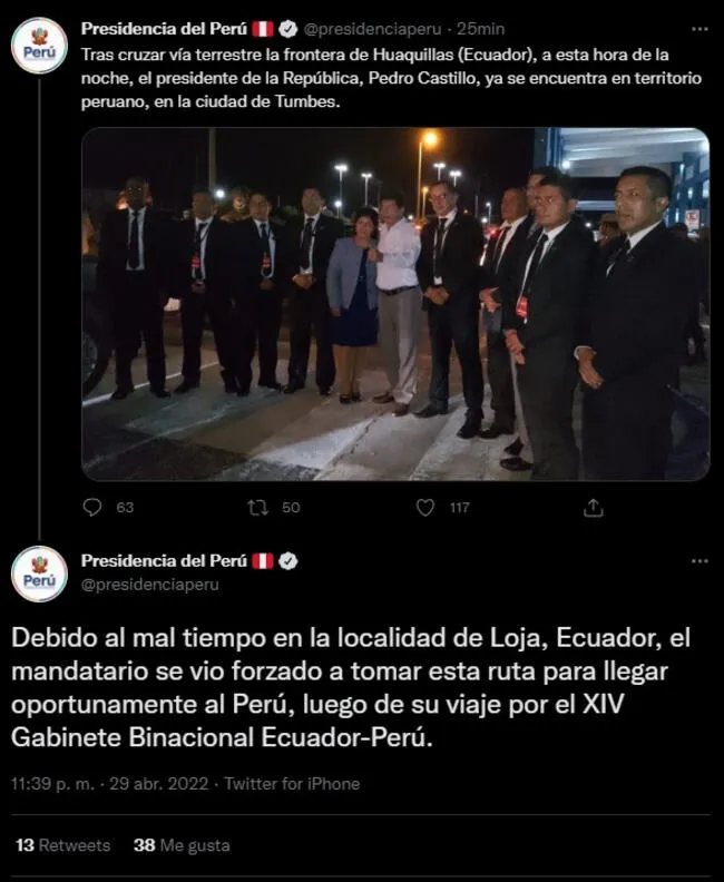 Cuenta de Twitter de la Presidencia del Perú anuncia el retorno del mandatario al Perú.   