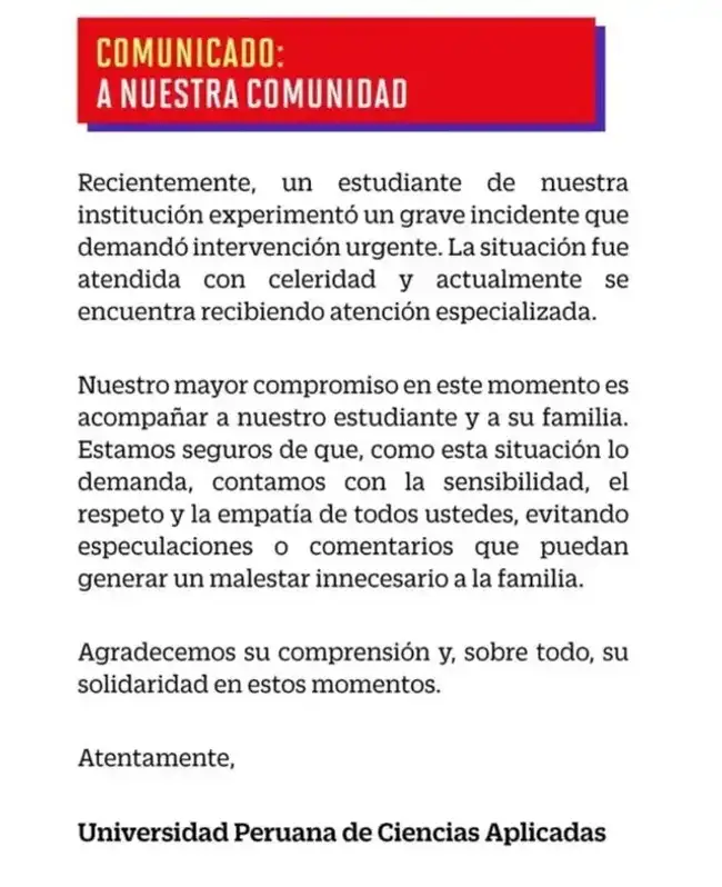 La UPC compartió un comunicado sobre el estado del joven. La UPC compartió un comunicado sobre el estado del joven.