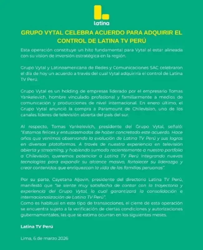Latina compartió un comunicado sobre la compra.  