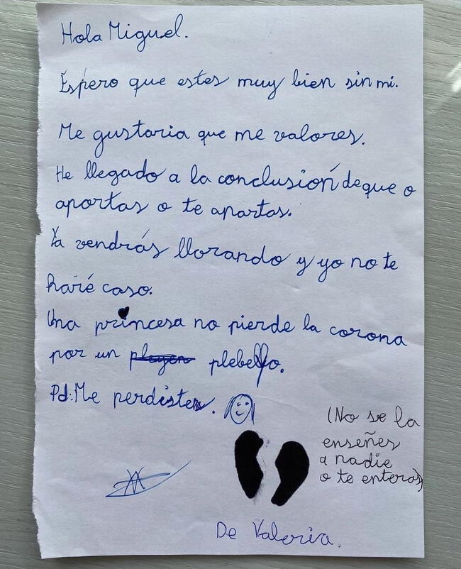 Carta de Valeria a Miguel.   