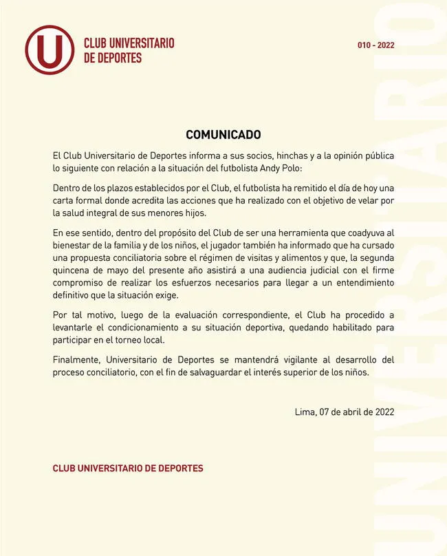 Comunicado de Universitario.   