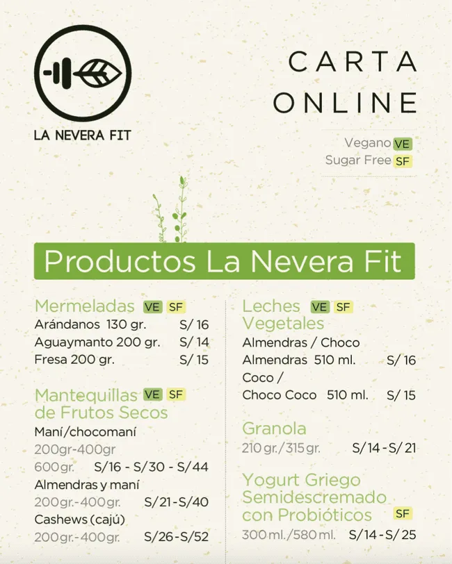 Esta es la carta online de La Nevera Fit, negocio de Ale Venturo. 