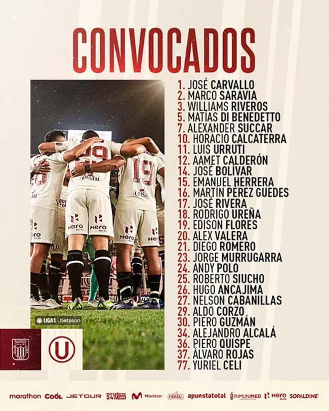 Convocados de Universitario para enfrentar a Alianza Lima.   