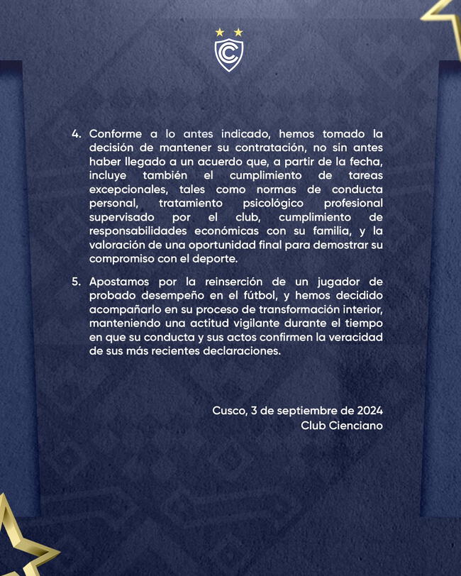 Comunicado de Cienciano que anuncia el regreso de Christian Cueva.   