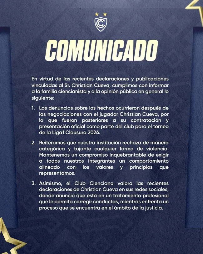 Comunicado de Cienciano en donde se informa el regreso de Christian Cueva.   