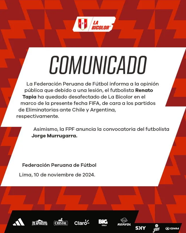 Renato Tapia de la selección peruana por lesión.   