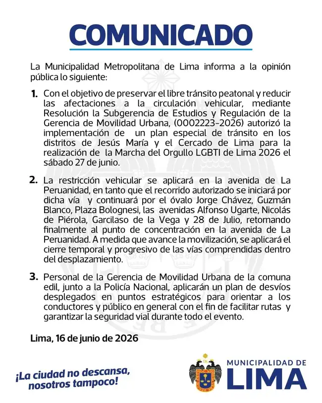 Municipalidad de Lima compartió un comunicado. Municipalidad de Lima compartió un comunicado.
