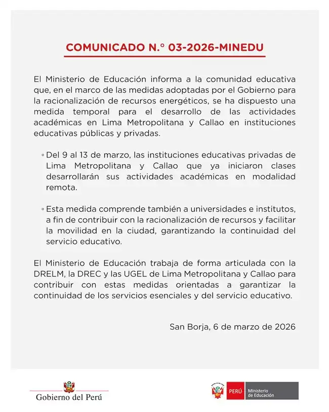 Minedu anuncia detalles de clases virtuales en colegios particulares  