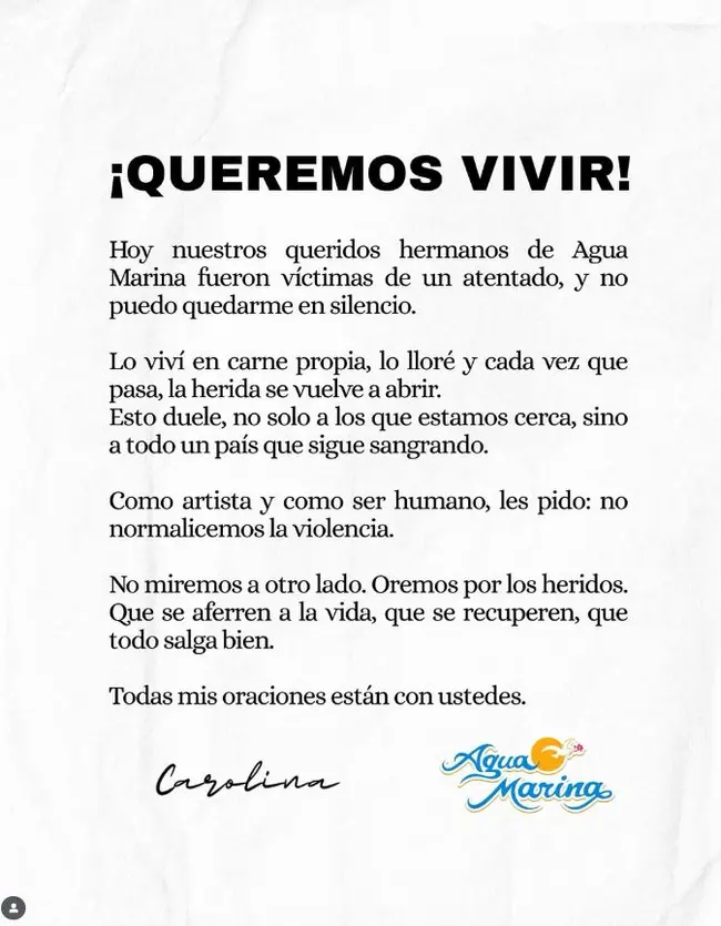 <strong> Carolina Jaramillo, viuda de Paul Flores, emite su sentir tras atentado contra Agua Marina</strong>   