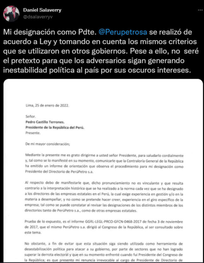 Mensaje de Twitter de Daniel Salaverry en donde anunció su renuncia a Perupetro.   