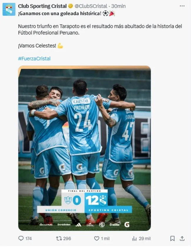 Sporting Cristal venció por 12-0 a Unión Comercio.   