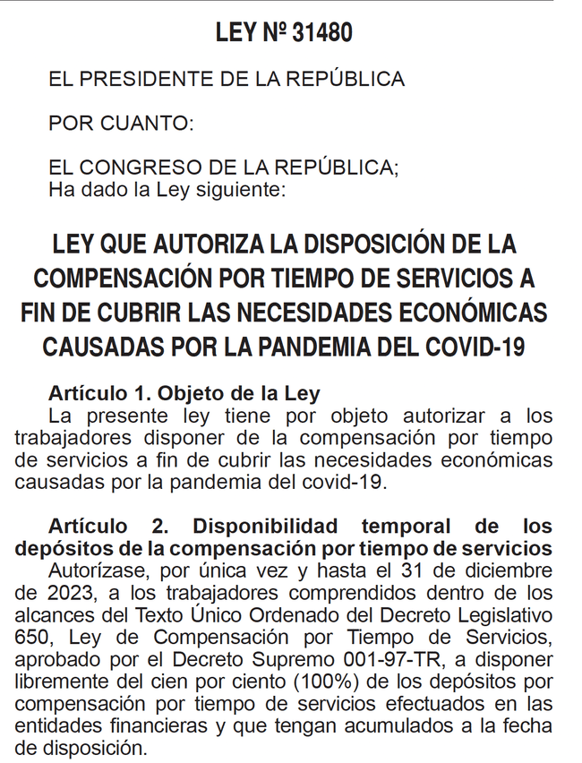 Ley publicada en el Diario Oficial el Peruano para el retiro al 100% de la CTS. (Foto: captura de pantalla)   