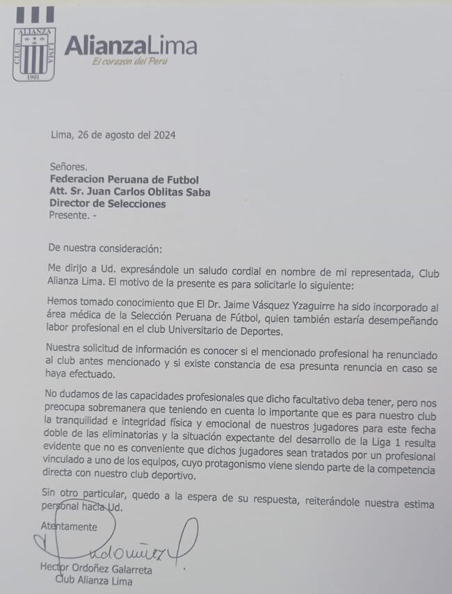 Carta dirigida de Alianza Lima dirigida a la Federación Peruana de Fútbol (FPF) en donde se exige la renuncia del Dr. Jaime Vásquez a Universitario de Deportes.   