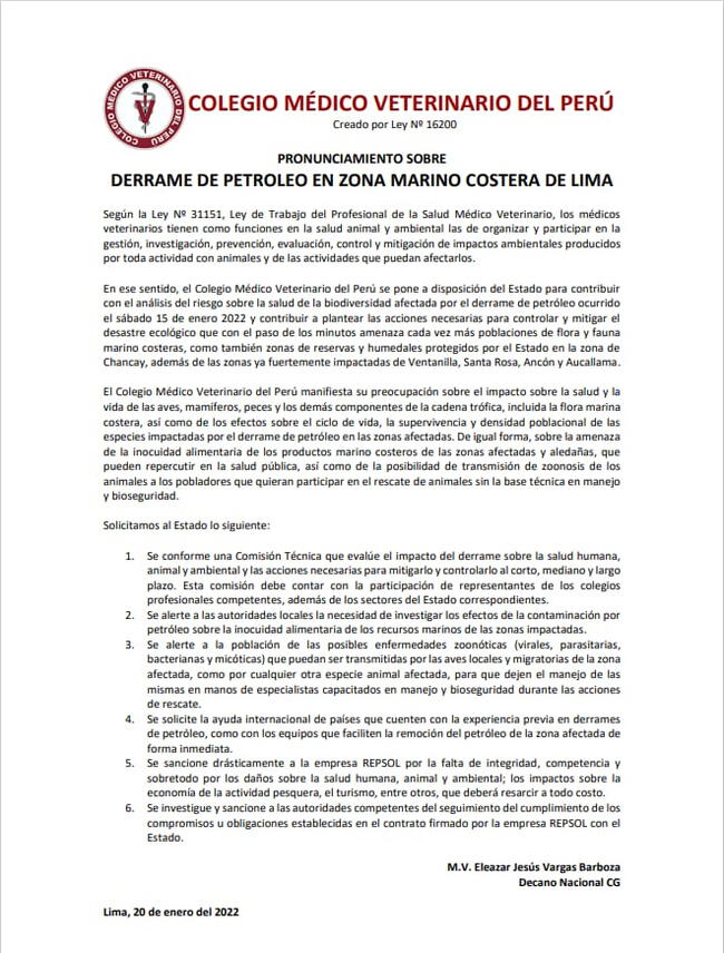 Pronunciamiento del Colegio Médico Veterinario del Perú tras la catástrofe ecológica.   