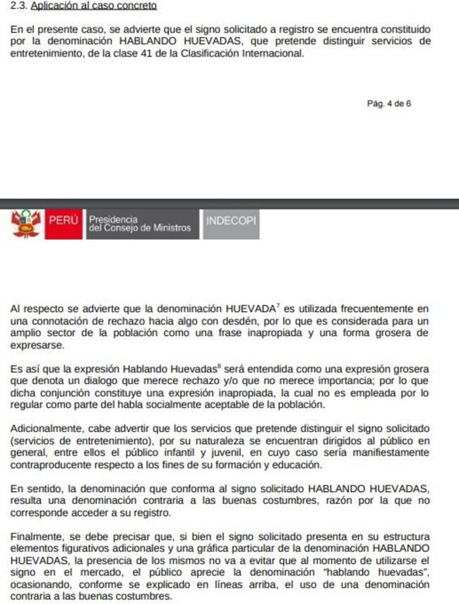 Resolución de Indecopi sobre solicitud para registrar Hablando Huevadas.   