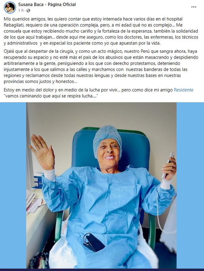 Susana Baca informó a sus seguidores sobre su estado de salud en Facebook.   