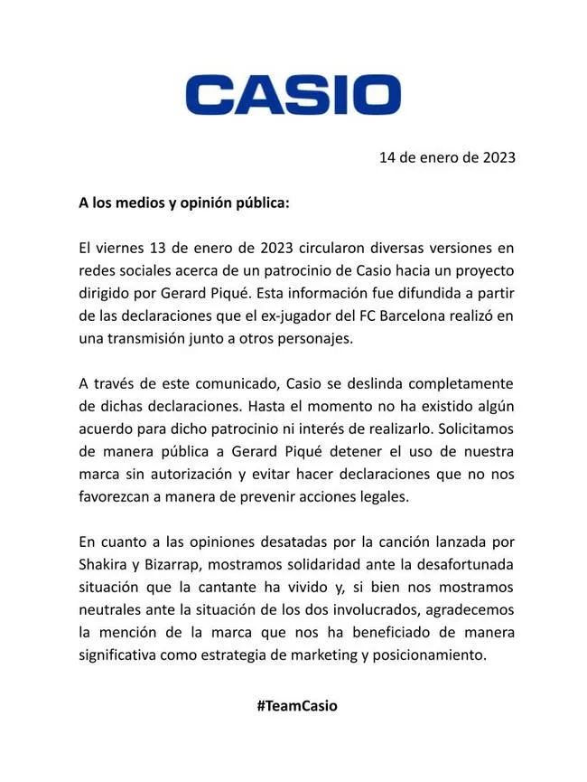 Presunto comunicado de Casio.   