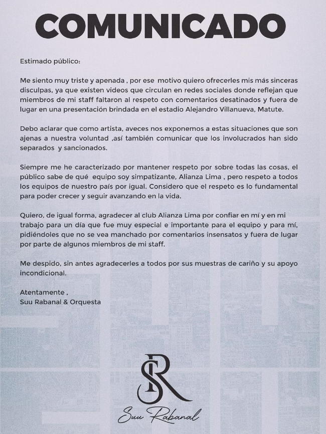 Suu Rabanal pidió perdón a hinchas de Alianza Lima por la burla de su cantante en la presentación de Paolo Guerrero.   