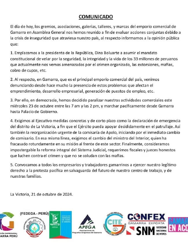 Comunicado de empresarios del emporio comercial de Gamarra. Apoyarán el paro de transportistas.   