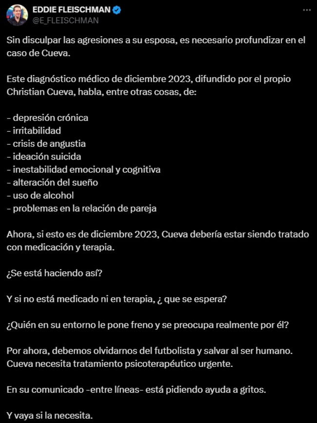 Eddie Fleischman expresó su preocupación por la enfermedad mental de Christian Cueva.   