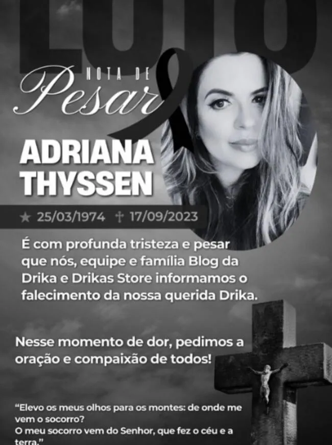 Publicación que informa el fallecimiento de Adriana Thyssen, más conocida como Drika.   