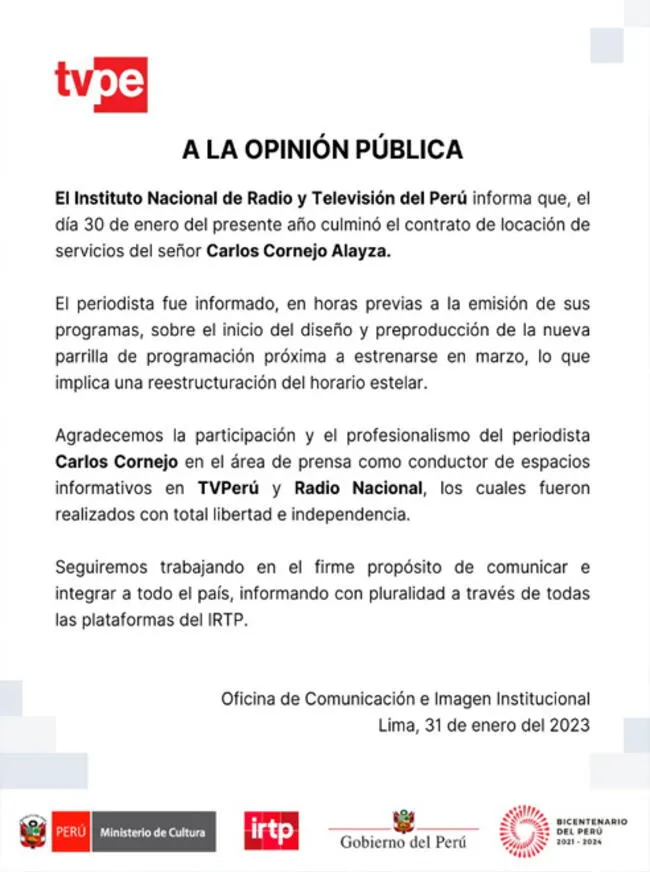 TV Perú anunció la salida del periodista. 