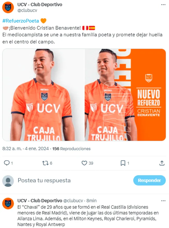 Cristian Benavente firmó por la UCV por toda la temporada 2024.   