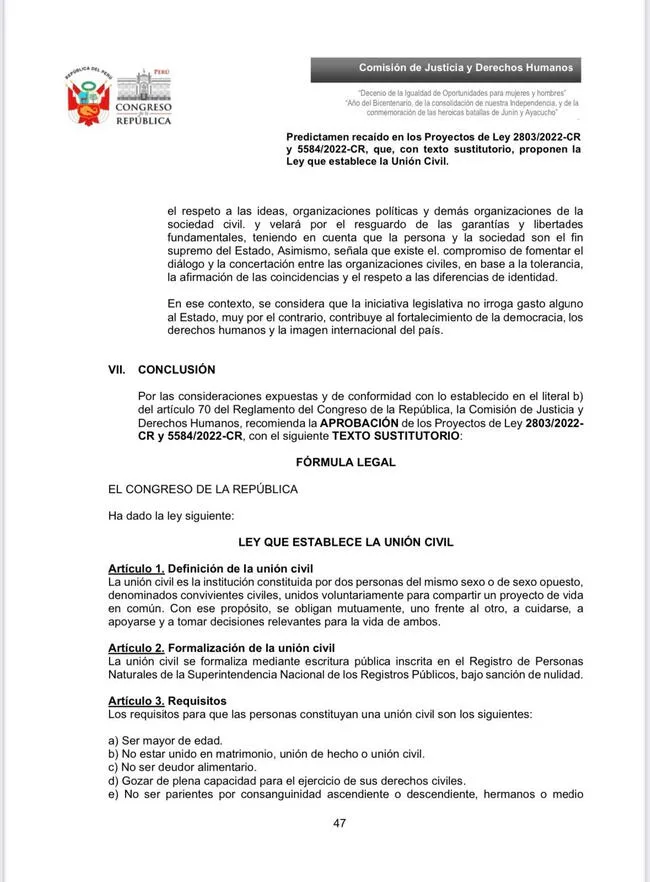 Dictamen aprobado en la Comisión de Justicia del Congreso sobre la Unión Civil.   