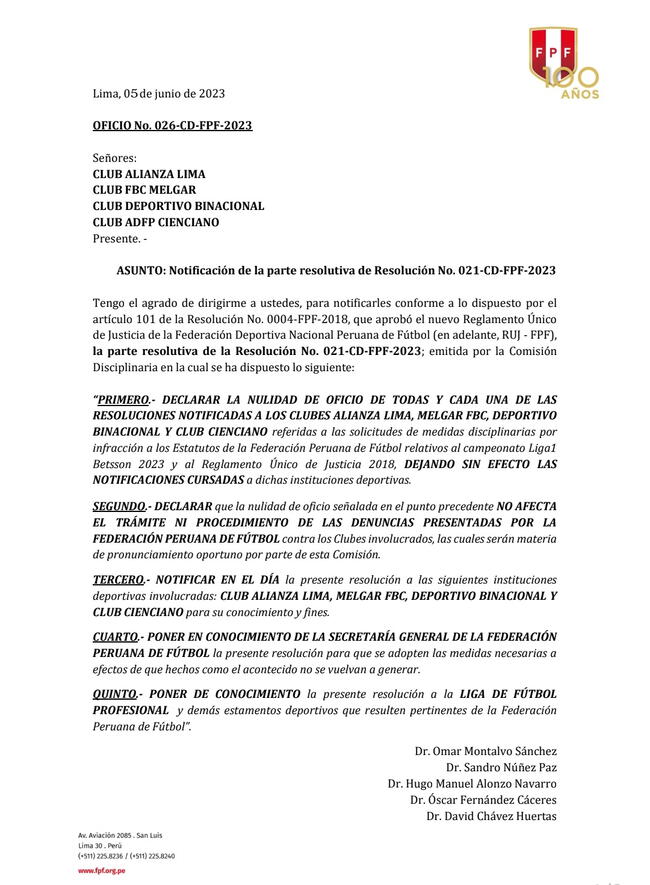 Decisión de la Comisión de Justicia de la FPF tras denuncia presentada con Alianza Lima, FBC Melgar, Binacional y Cienciano.   