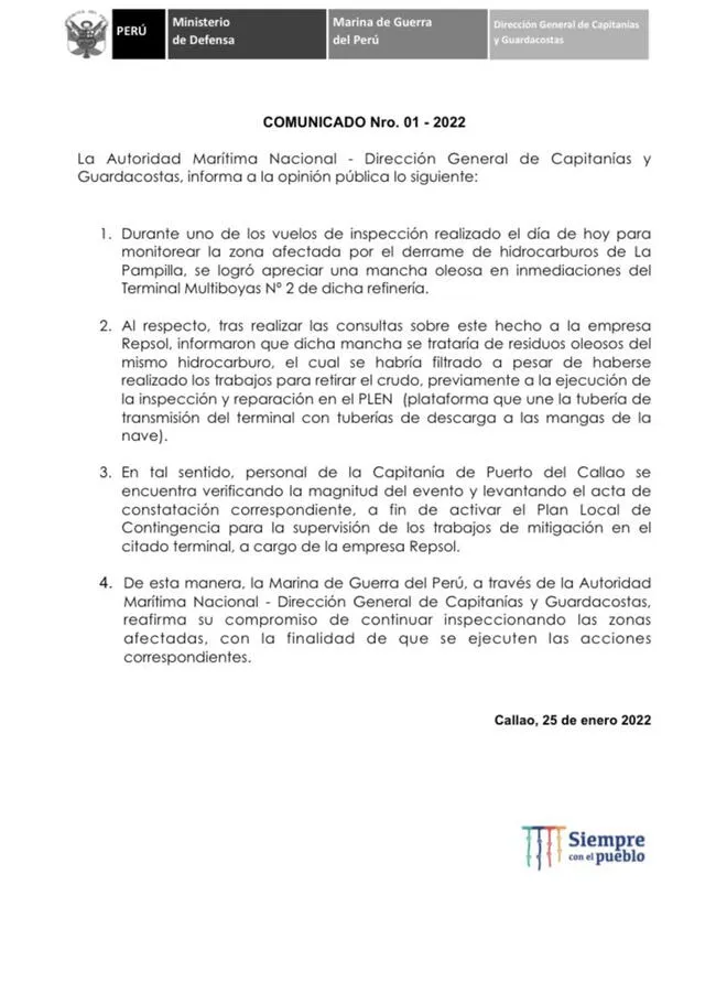 Comunicado de Dirección General de Capitanías y Guardacostas del Perú.   