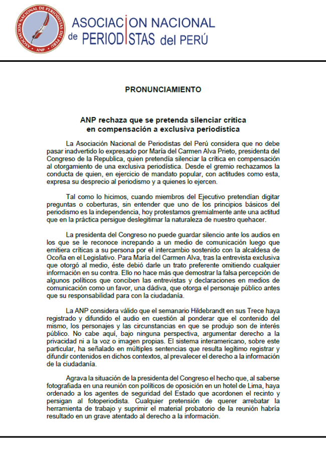 Comunicado de la ANP sobre María del Carmen Alva.   