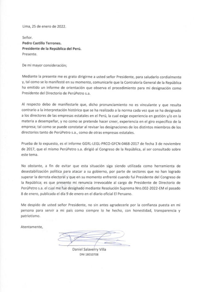 Carta de renuncia de Daniel Salaverry.   