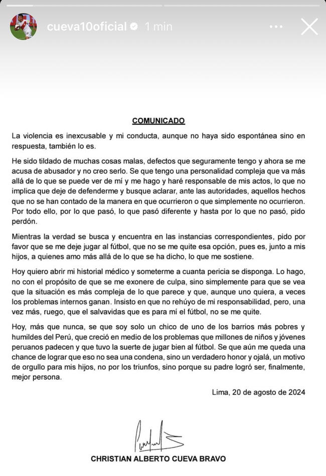 Comunicado de Christian Cueva.   