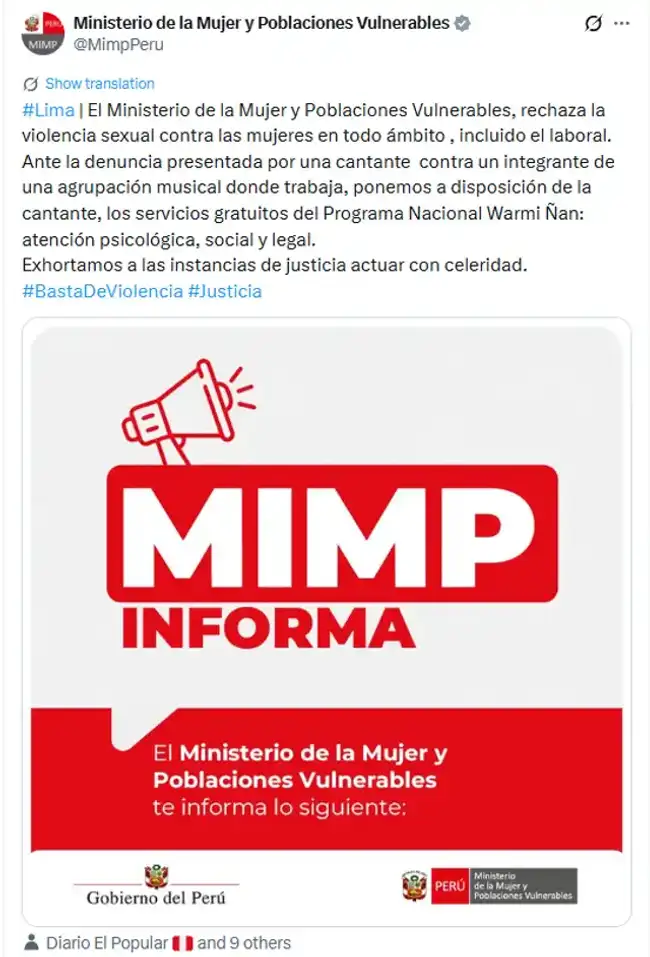 Ministerio de la Mujer compartió su comunicado a través de su cuenta de X sobre el tema.  