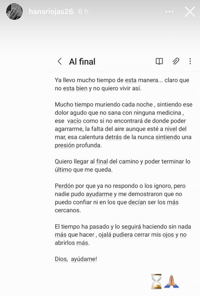 Mensaje que alarmó a Hansell Riojas en su cuenta de Instagram.   