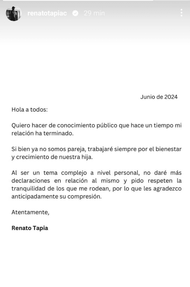  Renato Tapia envía comunicado en Instagram   